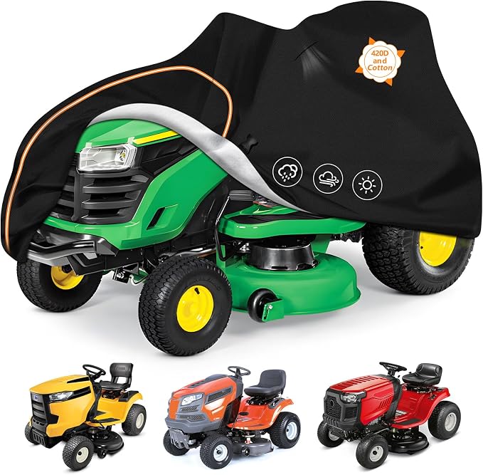 Riding Lawn Mower Cover Heavy Duty Waterproof for Outdoor, 72"x54"x46" | Fits John Deere, Craftsman, Husqvarna, EGO, Greenworks, 420D with Cotton Lining, Windproof Elastic Hem and Buckles