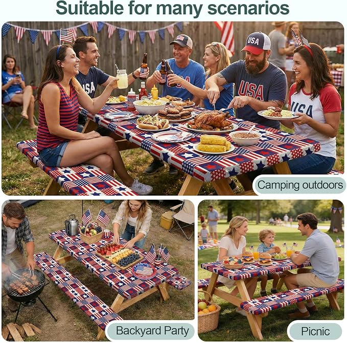 Picnic Table Cover with Bench Covers Camping Essentials Waterproof Windproof Camping Tablecloth with Drawstring Bag, Fitted Rectangle Tables and Seats, 96in, Red Blue Checkered