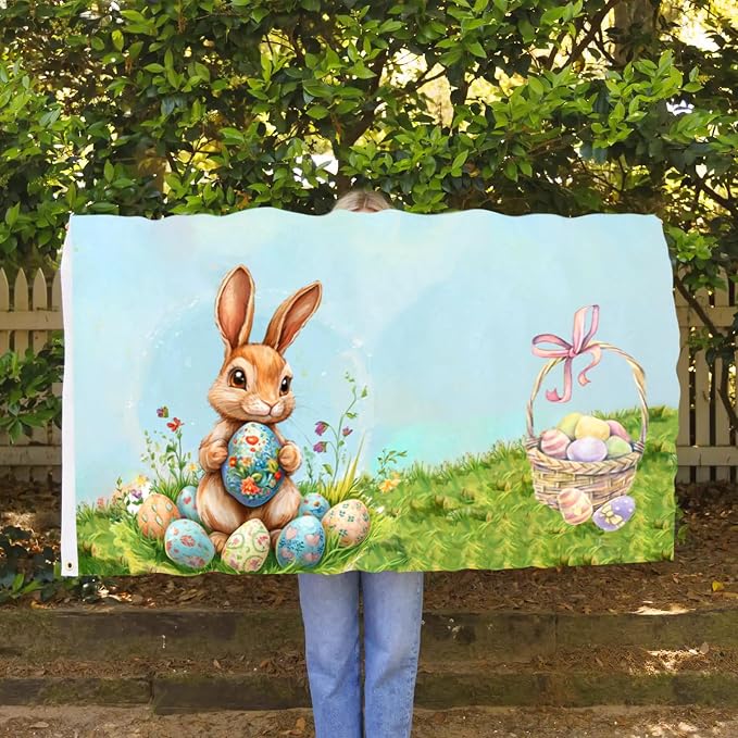 Easter Flag 3x5 Ft Double Sided Print Easter Garden Flag for Outside with 2 Brass Grommets Happy Easter Banner Spring Decor with Rabbit Eggs for Farmhouse Yard Indoor Outdoor Gifts