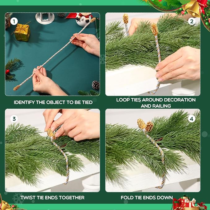 Zhengmy 8 Pcs 20 Inches Christmas Garland Ties Christmas Decorative Twist Ties for Banister Reusable and Flexible Twist for Xmas Home Decorations Holiday Craft Wrapping (Gold Silver White)