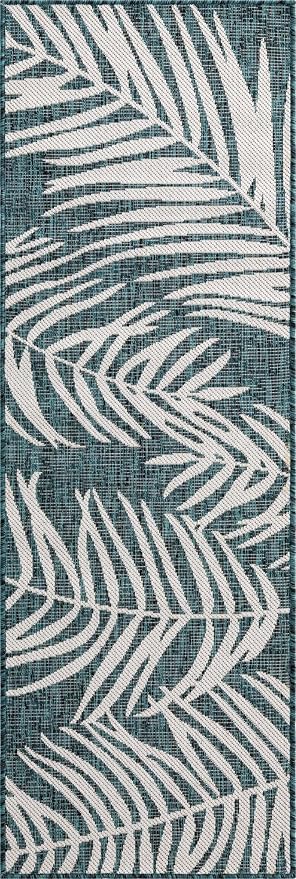 Unique Loom Outdoor Botanical Collection Area Rug - Palm (2' x 6' 1" Runner, Teal/ Ivory)