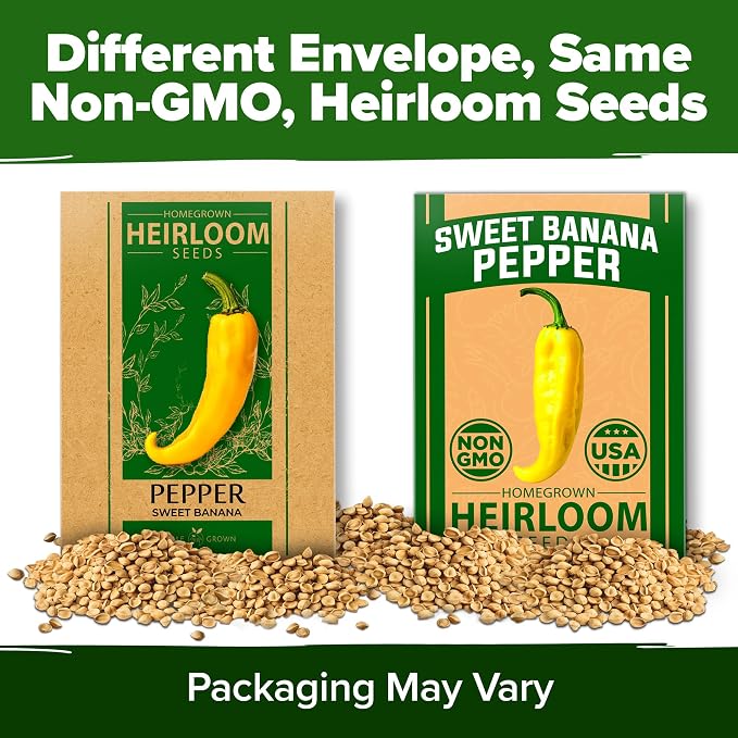 HOME GROWN Banana Pepper Seeds 94+ Heirloom Non GMO Seeds for Planting, High Germination, Sweet & Mild Peppers, Indoor Outdoor Garden, Perfect for Slicing & Pickling, High Yield (Capsicum annuum)