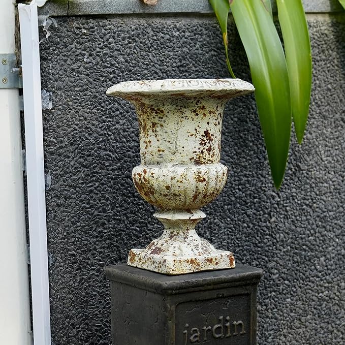 Small 9.1'' H Vintage Urn Planter, Distressed Retro Tabletop Flower Pot with Drainage Hole, Lightweight Decorative Pedestal Planter for Indoor Plants, Office Desk, Shelf, Patio Table Decor