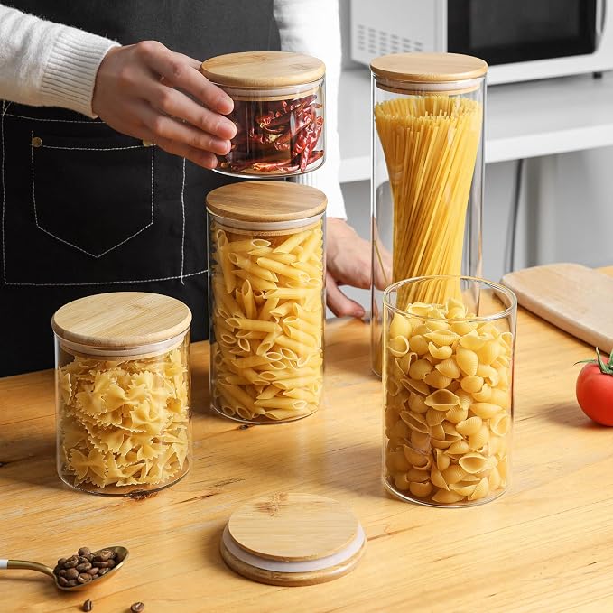 ComSaf Pasta Containers Storage 2 Qt, Spaghetti Container, 3 Pack Glass Jar | 11.3-inch Tall Glass Jar, BPA Free, Glass Storage Containers wtih Lids, Noodles, Cereal, Dry Food Storage, 70oz Pasta Holder
