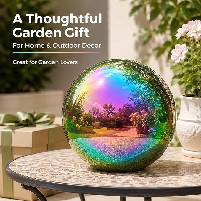 Gazing Ball Garden Mirror Outdoor - 8 Inch Outside Decorative Globe Rainbow | Metal Polished Reflective Sphere, Stainless Steel Hollow Decoration Ornament for Home Pond Swimming Pool Housewarming Gift