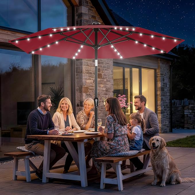 AreShark 9FT Patio Umbrella with Solar Lights, 32 Lighted Pool Umbrella w/Tilt and Crank, Outdoor Market Solar Umbrellas for Garden, Deck, Backyard, Pool and Beach, Dark Red