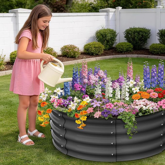 Garvee Galvanized Raised Garden Bed, 2Pcs Raised Garden Beds Outdoor, Round Planter Raised Beds with Gloves and Rubber Edge Trim for Vegetables, Flowers and Herbs, 3x3x1 FT, Dark Grey