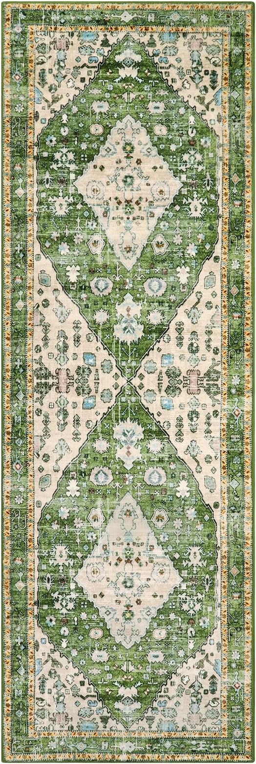 Lahome Felice Boho Tribal Rug - 2x6 Green Bathroom Rug Runner Laundry Room Mat, Vintage Soft Washable Non Slip Accent Carpet for Kitchen Living Room Kitchen Sink Bathroom Doorway
