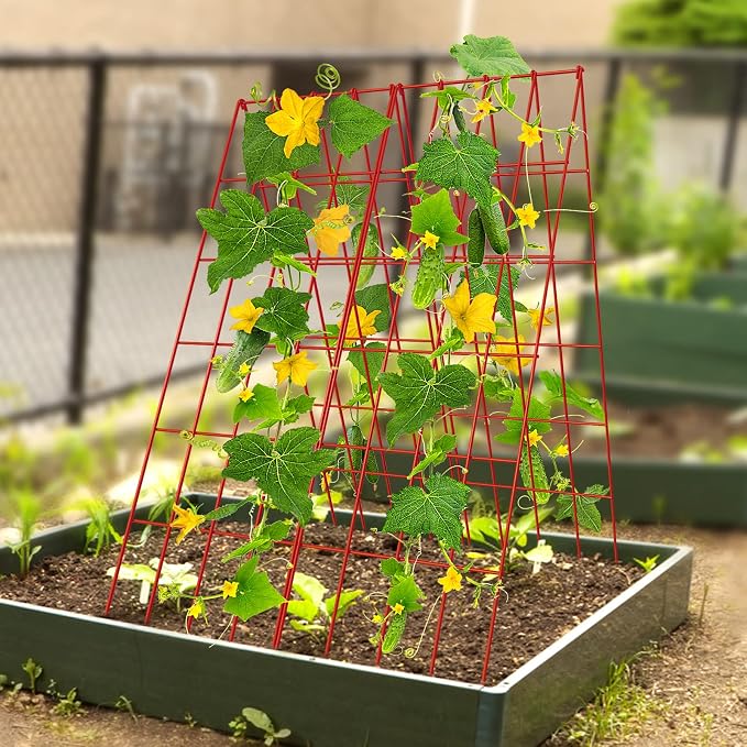 DoCred Cucumber Trellis, 2 Pack Foldable A Frame Trellis for Raised Bed Climbing Plants, Vegetables, Includes Plant Support Clips, Twist Ties, Plastic Ties- Made from PVC-Coated Steel