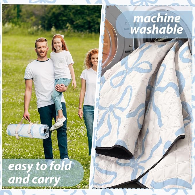 SmoothNovelty Blue Bow Picnic Blanket 80'' x 80'' Waterproof Extra Large Camping Blanket Coquette Picnic Mat Foldable Portable Preppy Outdoor Beach Mat with Carry Strap for Outdoor Grass Lawn Park