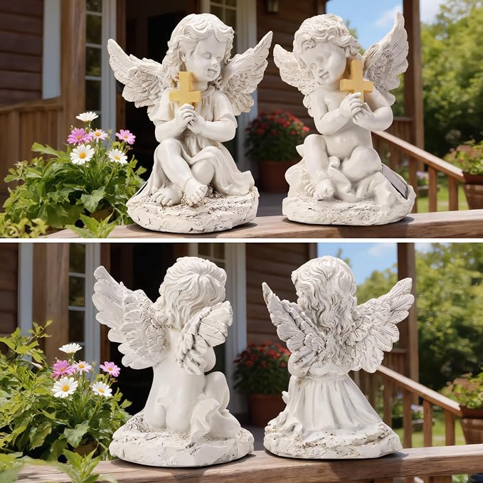 Solar Garden Statues Angel with Cross, 2 Pack Outdoor Garden Decor for Yard, Patio Decorations Gifts for Mom Grandma Women, Solar Angel Lawn Ornaments for Outside Porch Flower Bed Decor