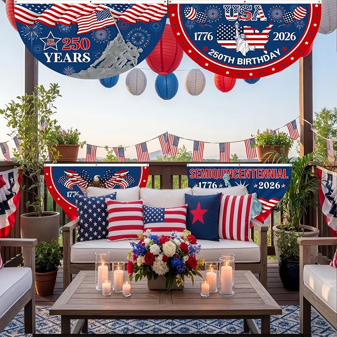 Tudomro 4 Pcs 250th Anniversary USA Bunting Fan Flag for Outdoor 1.5x3 ft 1776-2026 American Anniversary Bunting Flag for Outside 4th of July Patriotic Half Fan Hanging Banner Garden Decoration