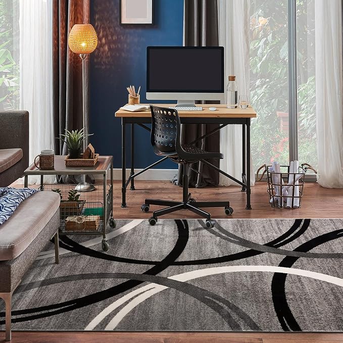 Rugshop Wavy Circles Fade-Resistant Living Room Area Rug Gray 3'3" x 5' | Rectangular, Size 3'3" x 5', Bedroom, Dining Room, Home Office, Kitchen, Entryway, Hallway, Nursery, Kids Room, Guest Room