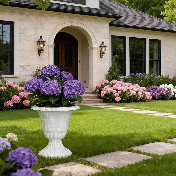 Set of 2 Goblet-Shaped Plastic Planter Urns, White, Diameter 14.6" Large | OUMUHE elegant plastic flower pots with secure buckle base & porous drainage for outdoor porch plants, 16" H × 14.5" D