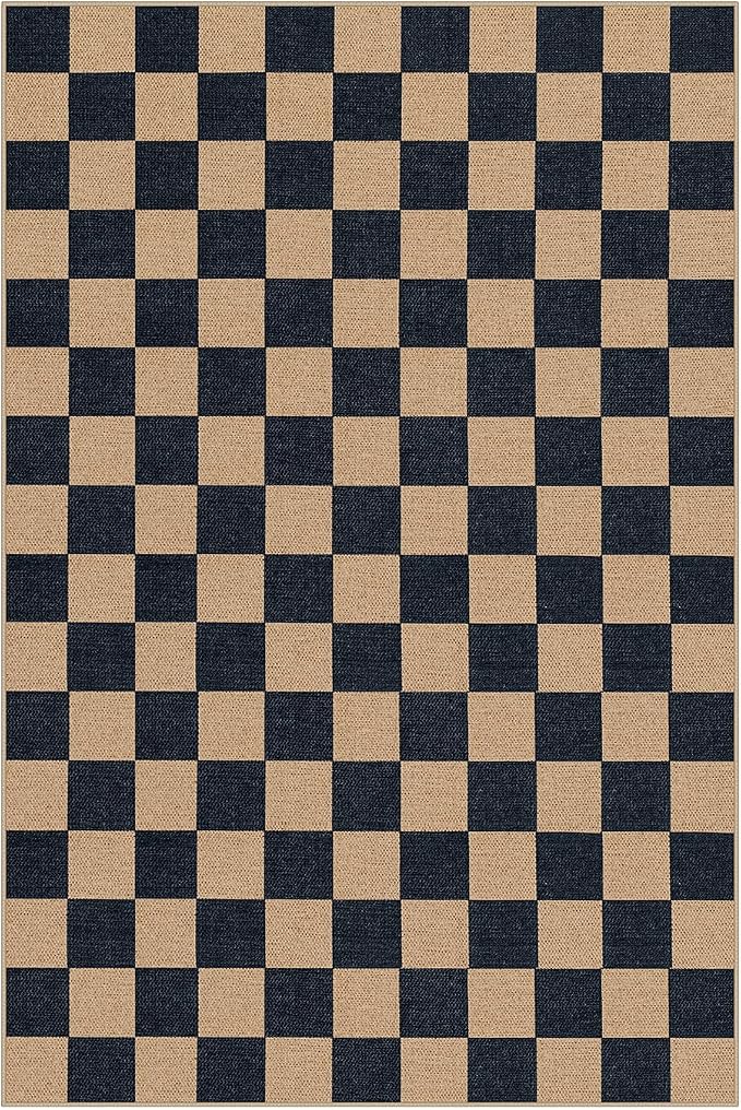 Lahome Colette Checkered Easy Jute Carpet, Washable Area Rug 6x9 Neutral Outdoor Patio Rug, Farmhouse Checkerboard Non Slip Non Shedding Floor Carpet for Dining Living Room Deck Sunroom