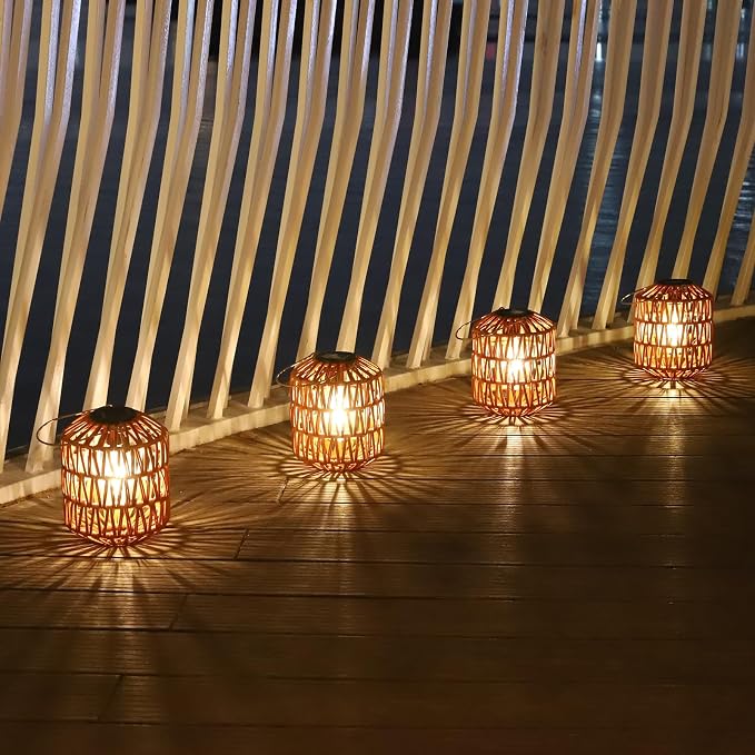 Eyassi Rattan Solar Lights, 4 Pack Solar Lanterns Outdoor Waterproof, Outdoor Lights for Yard, Hanging Lantern with Handle, Decorative Lanterns for Garden, Tabletop, Tree Lighting (Bulbs Included)