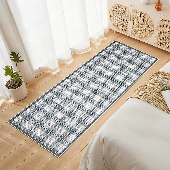 GarveeHome Checkered 2x6 Runner Rug, Machine Washable Stain Resistant Rug with Non Slip Backing, Carpet with Low-Pile for Hallways Kitchen Entryway Bedroom Living Room Grey