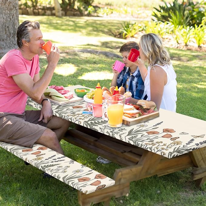 Picnic Table Cover with Bench Covers Elastic Edges, Botanical Camper Fitted Table Cover, Outdoor Camping Essentials 72 Inch 3PCS, Waterproof Camping Fitted Tablecloth with Drawstring Bag