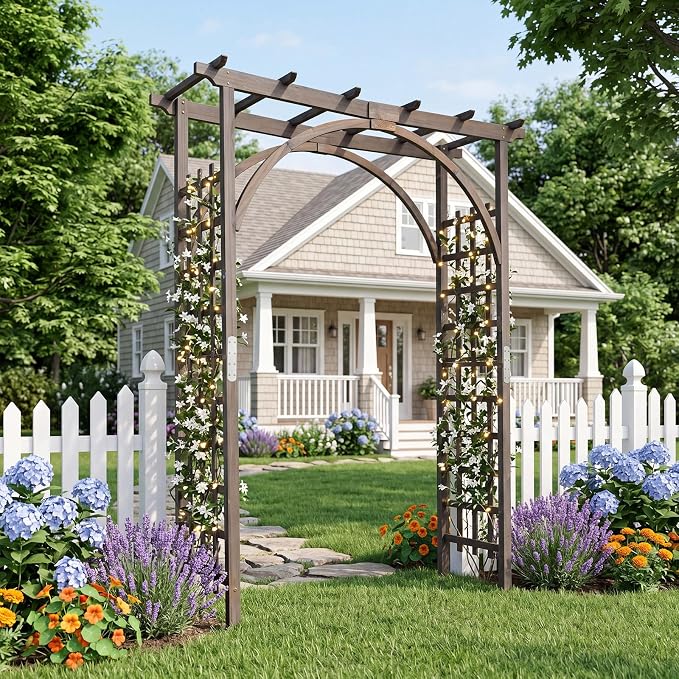 Giantex 85" Garden Arch Trellis, Wood Garden Arbor with Flat Top for Climbing Plants, Roses & Vines, Outdoor Wooden Wedding Arch for Ceremony, Backyard Lawn Patio Garden Entrance Decoration