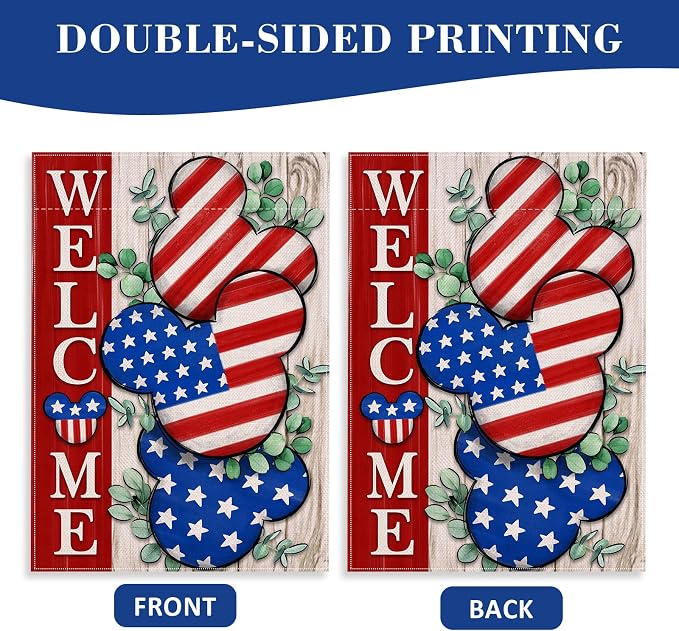 Welcome 4th of July Stars Stripes Patriotic Decorative House Flag, American USA Memorial Day Garden Yard Outside Decorations, Eucalyptus Summer Outdoor Large Home Decor Double Sided 28x40