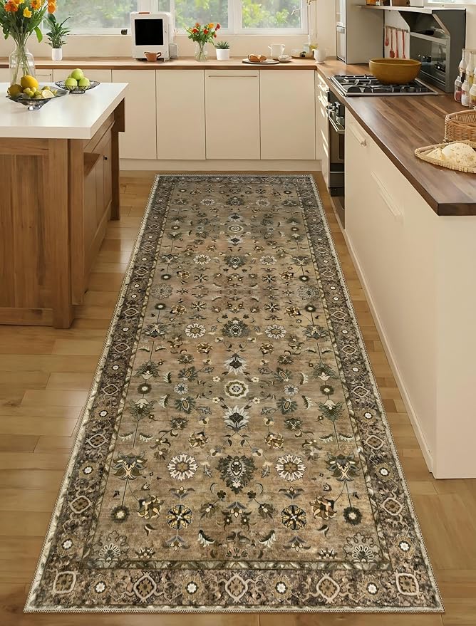 Tangsoo 2.6x8 Washable Runner Rugs for Hallway, Non Slip Vintage Brown | Farmhouse Soft Low Pile Long Runner, Boho Carpet Hallway Runners for Kitchen Bedroom Entryway Bathroom Living Room Home Decor