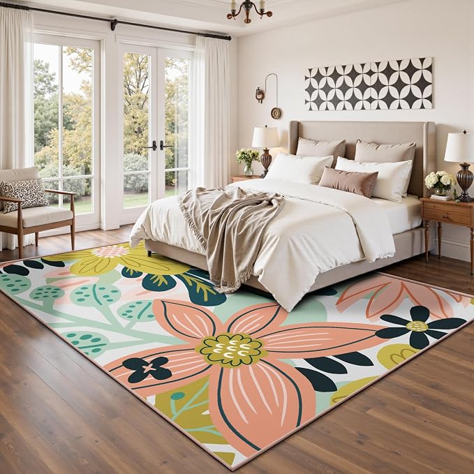 Tyrot Boho Floral Living Room Rug, 5x7 Rug Washable Tropical Botanical Area Rugs Flat Woven Ultra-Thin Non Slip Low Pile Carpet for Bedroom, Dining Room, Office, Kids Room, Pink Green