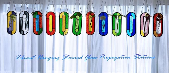 LITMIND Transparent Green Stained Glass Propagation Station - Handcrafted Suncatcher Hanging Planter with 2 Glass Tubes, Multi-Color Hydroponic Wall Décor for Windows, Home & Garden