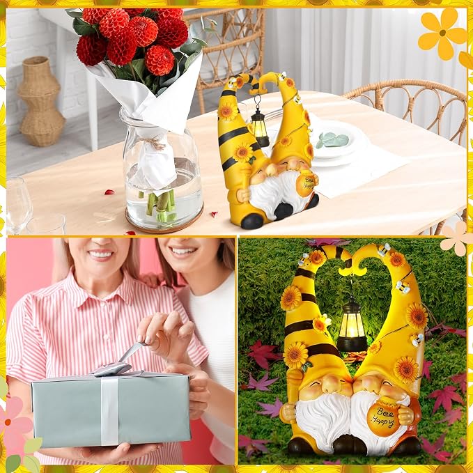 Kathfly Solar Bee Gnome Statue Gifts 11.8 Inches Garden Resin Sunflower Bee Gnome Statue with Solar Lights Double Cute Gnomes Statues for Birthday Gift Yard Patio Lawn Porch Decor