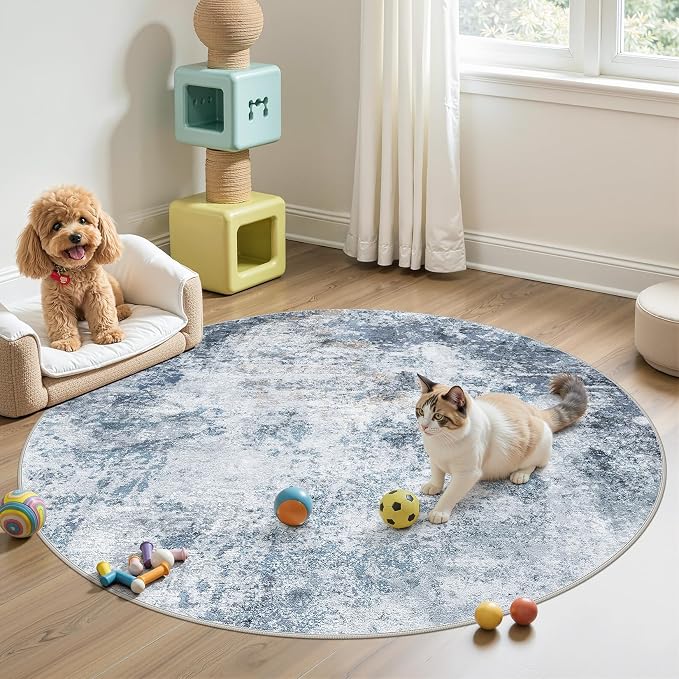 DMOYEST 5ft Round Area Rug for Living Room Washable Non Slip Circle Rug | 5x5 Neutral Modern Abstract Low Pile Rugs Kid & Pet Friendly Soft Carpet for Bedroom and Dining Room - Blue