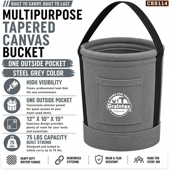 Graintex Tapered Canvas Bucket 12"x10"x15", Utility Tool Bucket One Inside Pocket, Reinforced Base & Carry Handle, Ripstop Canvas (Steel Grey)