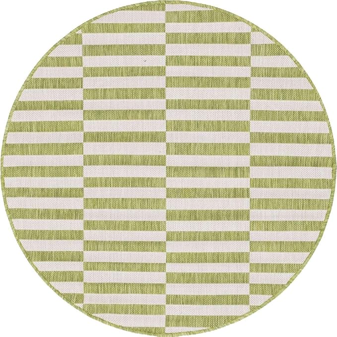 Unique Loom Outdoor Striped Collection Area Rug - Striped (4' 1" Round, Green/Ivory)