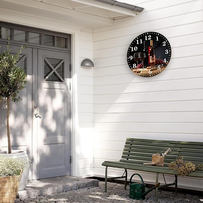 Wall Clock, Red Wine and Grapes Silent Non Ticking Battery Operated Round Decorative Indoor Outdoor Clocks for Living Room Kitchen Bedroom Bathroom Patio 12"