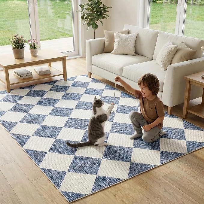 GarveeHome 6x9 Checkered Area Rug Navy Blue Washable Living Room Rug | Modern Geometric Farmhouse Carpet Soft Low Pile Non Slip Diamond Floor Mat Plaid Print Throw Rug for Dining Room Playroom