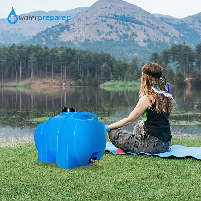 WaterPrepared Portable Water Tank, Plastic Handle & Hose Spigot, 35 Gallon, Blue - Heavy-Duty Beverage and Hydration Dispenser for Outdoor and Camping Trip