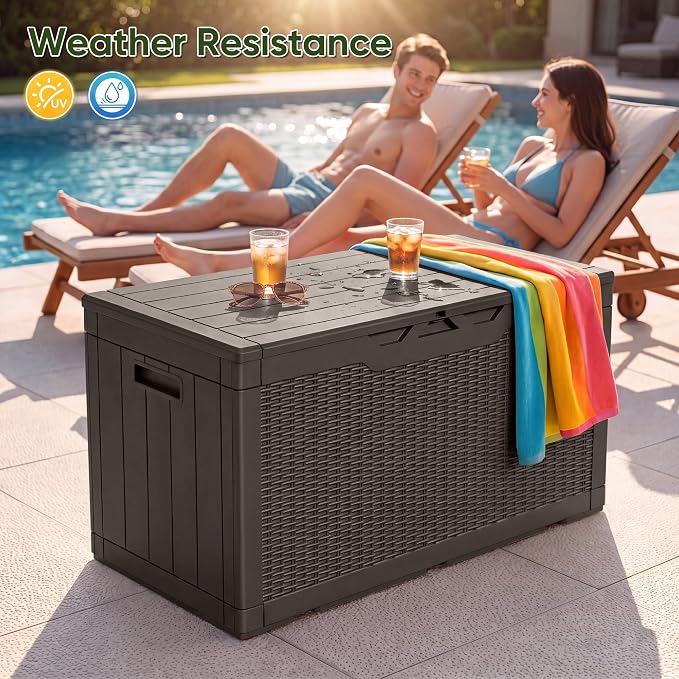 Flamaker Outdoor Storage Box 100 Gallon Waterproof Resin Deck Box Delivery with Air Rod Indoor Outdoor Lockable Storage Bench for Patio Cushions, Tools, Pool Accessories (Deep Brown)