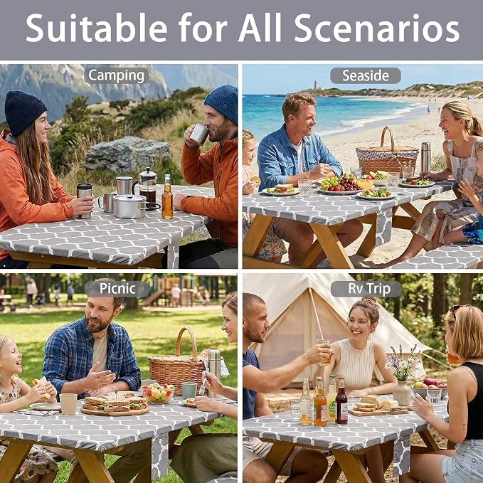 Fitted Waterproof Picnic Table Cover with Bench Covers Elastic Polyester 72In Camping Tablecloths for 6Foot Rectangle Tables Summer Fall Glamping Roadtrip Stuff Festival Vacation Items Gift