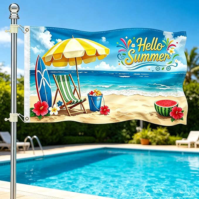 3×5Ft Hello Summer Beach Flag, Tropical Summer Themed Decorative Flag for Beach Party & Outdoor Garden Decor