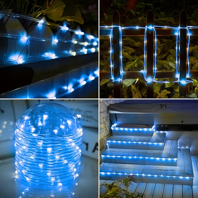 Jnaurb Solar Rope Lights, 2 Packs Total 132ft 400LED Solar String Lights, 8 Modes Waterproof Solar Outdoor Light, Flexible Clear Trampoline Light for Garden Backyard Patio Deck Pool Tree Decor - Blue