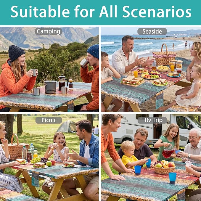 Fitted Waterproof Picnic Table Cover with Bench Covers Heavy Duty Elastic Outdoor Camping Tablecloth for 8 Foot Rectangle Tables Summer Rv Accessories Patio Garden Road Trip Essentials Gifts