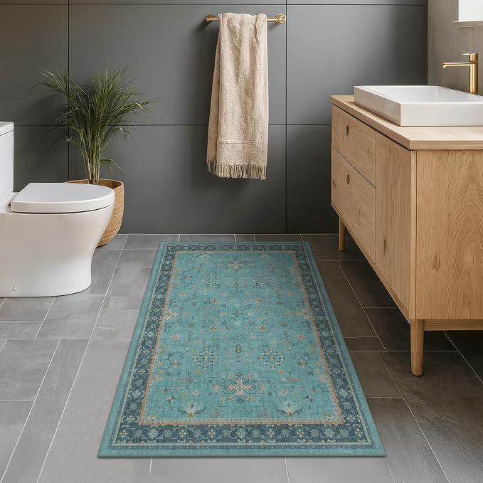 Washable Teal Rugs for Entryway Indoor - 3x5 Throw Rug for Large Kitchen, Bedroom Bedside, Bathroom, Mudroom, Boho Turquoise Modern Décor, Non Slip Low Pile Fade Resistant