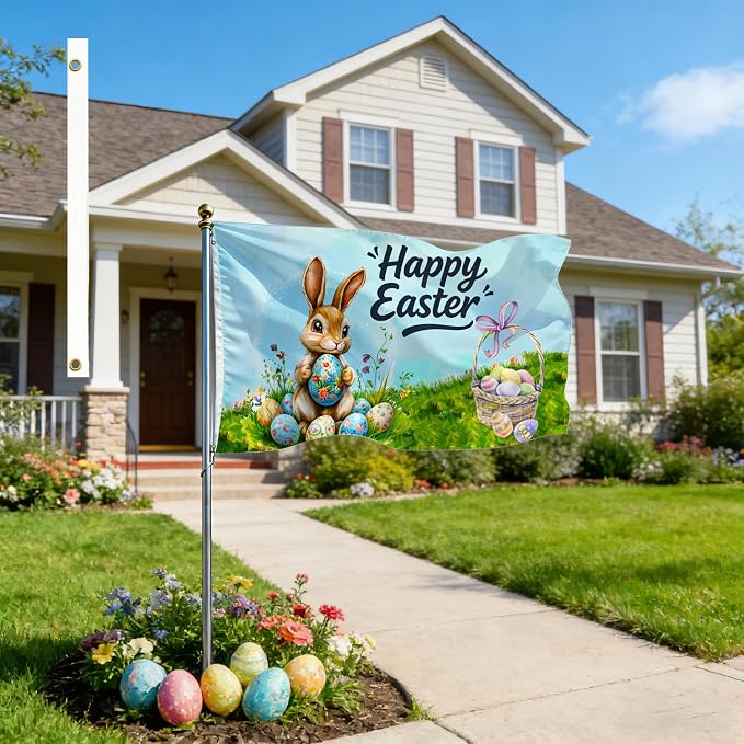 Easter Flag 3x5 Ft Double Sided Printed for Outside Polyester Happy Easter Banner Spring Garden Flag Rabbit Eggs Banner with 2 Grommets for Farmhouse Lawn Holiday Yard Indoor Outdoor Party Gifts