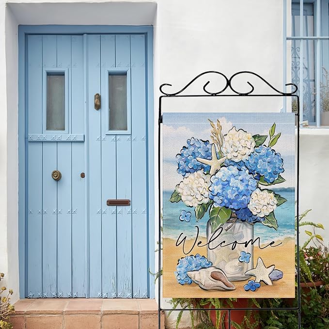 Artofy Welcome Spring Summer Flower Large Decorative House Flag, Hydrangea Floral Mason Jar Beach Coastal Yard Garden Outside Decor, Nautical Conch Starfish Outdoor Home Decoration Double Sided 28x40