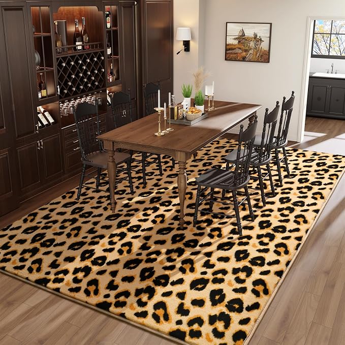 Amearea Soft Leopard Rugs for Bedroom Living Room, 6x9 Cheetah Print Rug | Fluffy Indoor Thickened Memory Foam Rug, Washable Animal Rug Carpet for Kids Boys Girls Dorm Nursery Room Home Decor, Khaki
