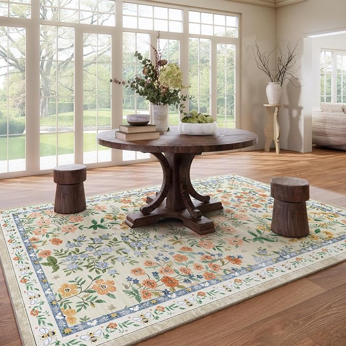 Washable Area Rugs for Living Room: 9x12 Area Rug for Bedroom Vintage Stain Resistant Non Slip Low Pile Lightweight Soft Carpet for Kitchen Dining Room Farmhouse Kids Room Nursery