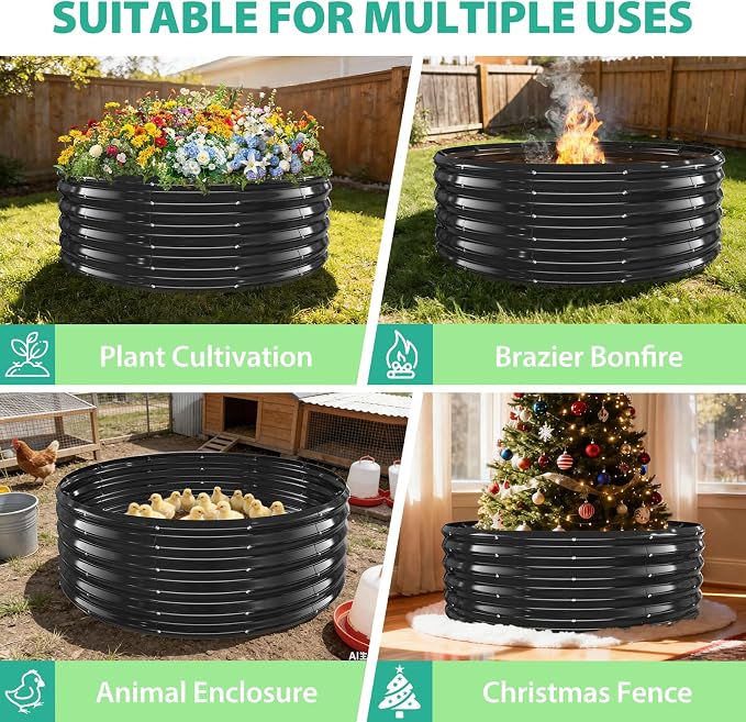 YSEJOMP 17" Tall Round Outdoor Garden Raised Garden Bed Kits-0.8MM Thick Metal Raised Planter Bed/Ground Planter Box for Variety of Flowers,Herbs,Vegetables,Trees (Black, 48 Dia X 16.5inches)