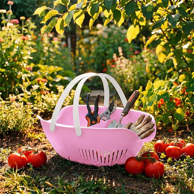 Nuogo 3 Pcs Garden Harvest Basket Removable Partitions with Tool Caddy for Collecting Carrying and Cleaning Harvesting Basket Doubles Colander for Vegetables and Fruits Garden Accessories (Pink)