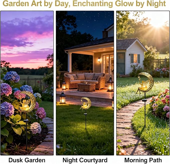 Solar Moon Fairy Garden Stake Light, Outdoor Waterproof Metal Yard Art with Crackle Glass, Decorative Solar Pathway Lights for Patio Lawn, Gift for Housewarming Mother's Day for Mom Women