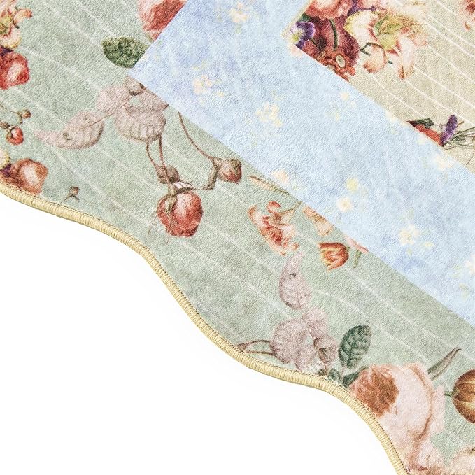 Vintage Floral Bathroom Rugs Non Slip, Thin Country Tribal Quilted Patchwork Rose Retro Indoor Doormat Washable, Cute Boho Shabby Chic 2x3 Scalloped Throw Area Rug for Kitchen Bedroom Laundry Entryway