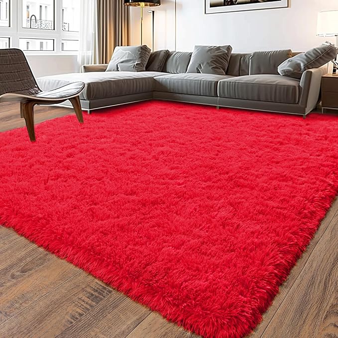 Soft Shag Rugs for Bedroom, Fluffy Washable 4x6 Red | Upgrade Non-slip, 4 x 6 Shaggy Rugs for Living Room Christmas, High Pile Fuzzy Plush Carpet Kids Room Dorm, Flame Resistant
