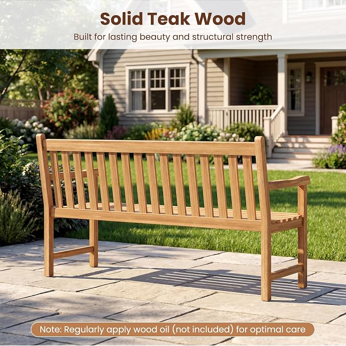 Tangkula 62" Teak Wood Outdoor Bench, 3-Seat Solid Wood Garden Patio Bench with Armrests and Backrest, Wooden Outside Porch Bench Seating Furniture for Backyard, Balcony and Park (62")